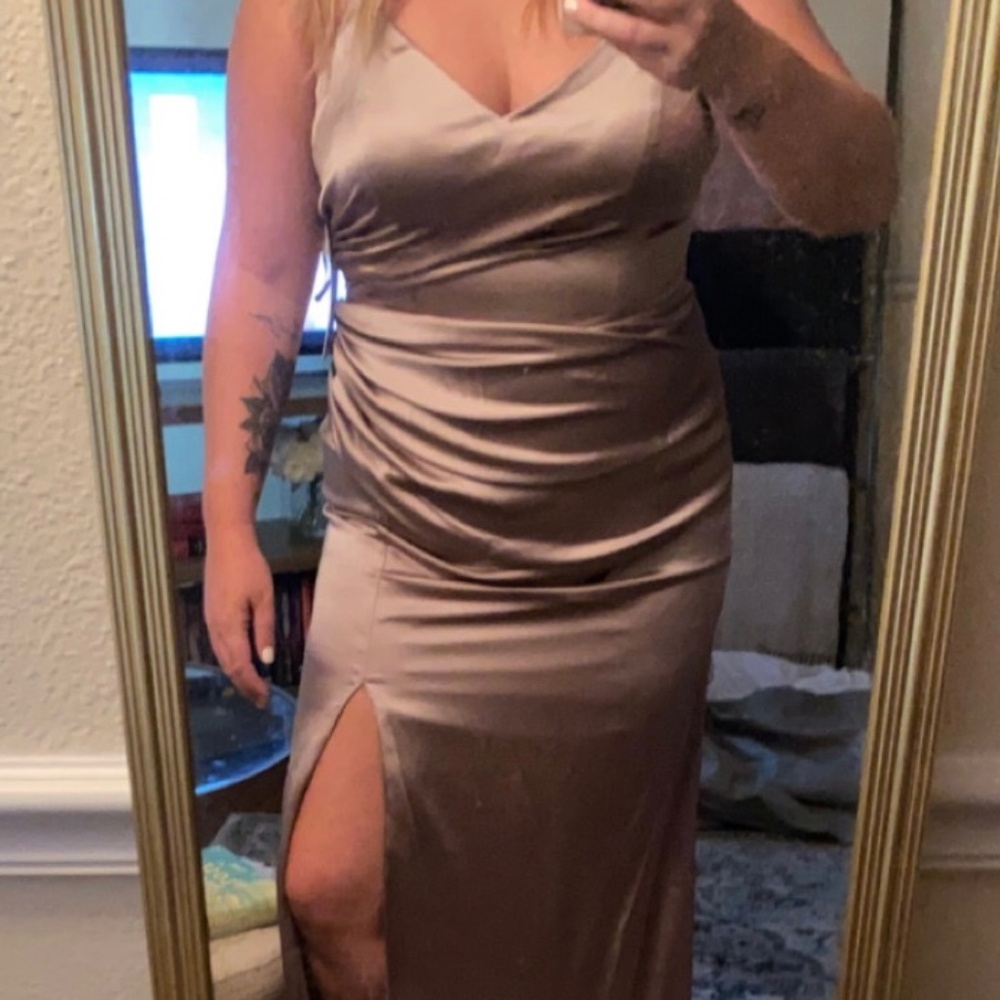 Revelry Taupe Rory Satin Bridesmaid Dress